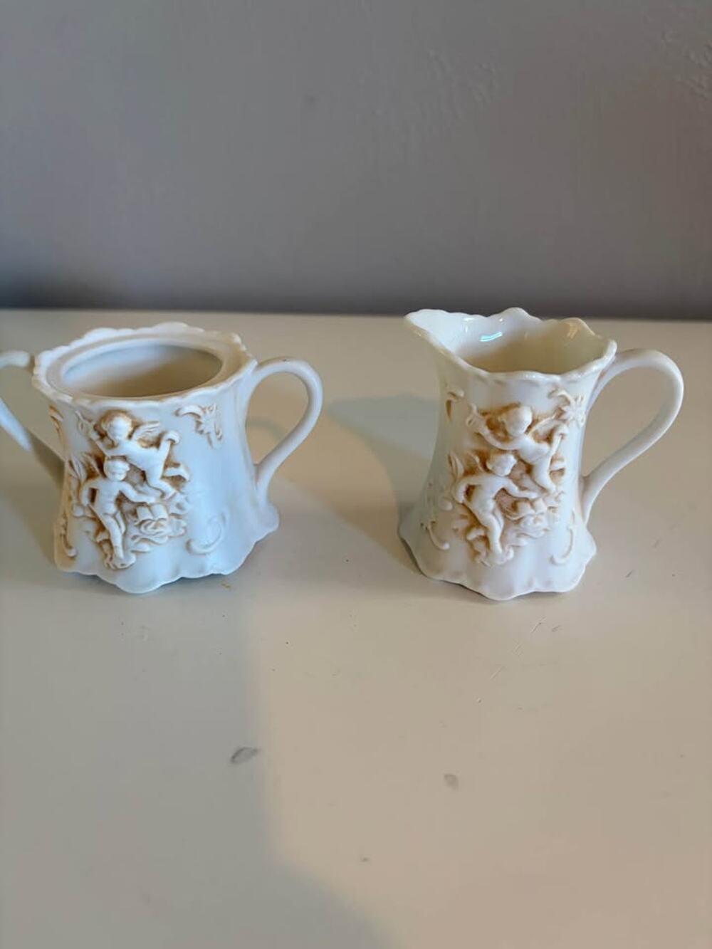 Lot 6 Vintage Figurines Variety tea cups, sugar, creamer, egg cups